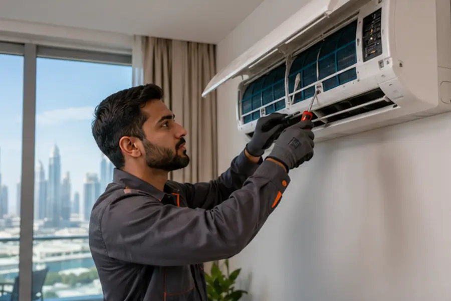 AC technician servicing a wall-mounted air conditioner