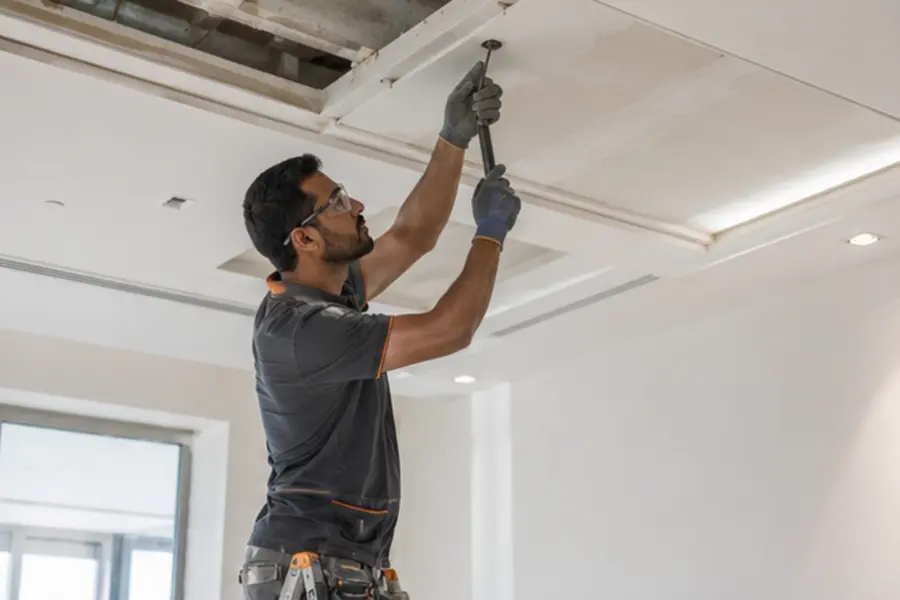 Technician installing a gypsum ceiling