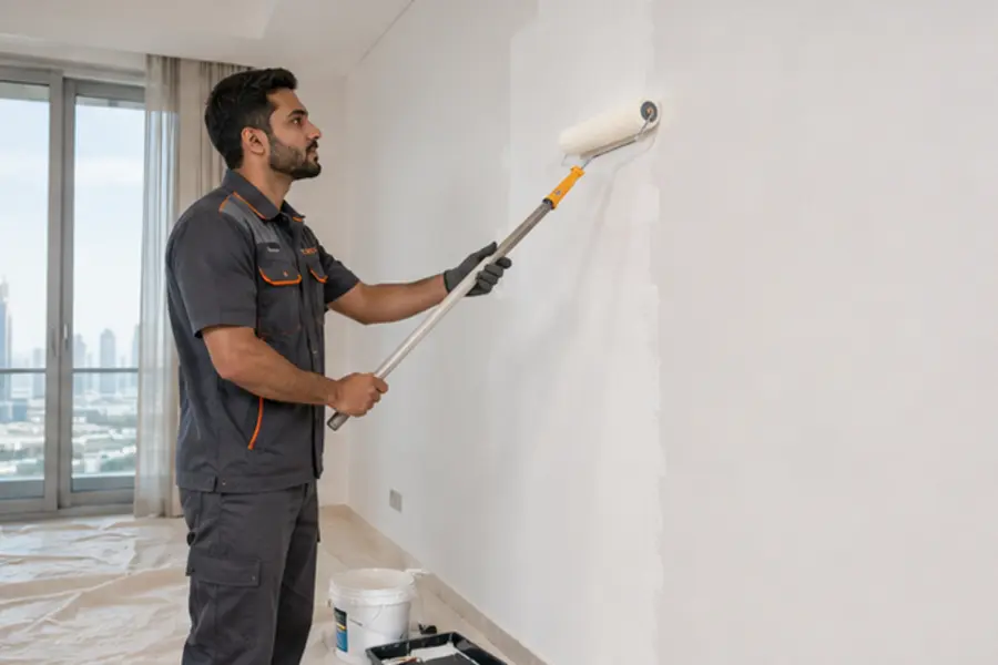 Professional painter applying a smooth wall finish